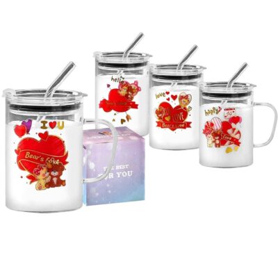 Σετ Κούπα Γυάλινη, Καλαμάκι, Καπάκι Βαλεντίνου 400 ml 400ml Homie 423101