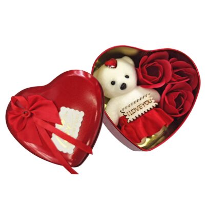 Κουτί Καρδιά Μεσαία 3 Τριαντάφυλλα & Αρκούδο 12x11x5cm Homie 423070