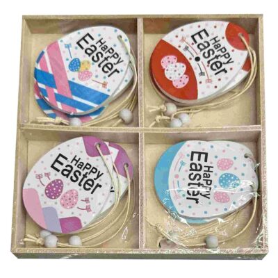 Αυγα Ξύλινα Κρεμαστά Happy Easter σετ=12τεμ Ξύλινο κουτί=13x13cm Bunny's 932204