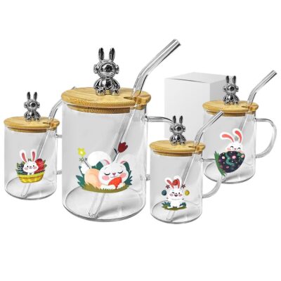 Κούπα με Καλαμάκι Γυάλινη Κλείνει με Ξύλο Happy Rabbit 10x8cm 400ml Bunny's 932239