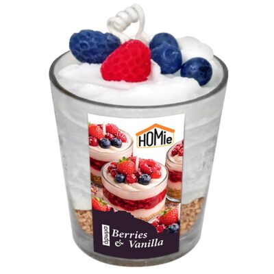 Κερί Βάζο Σχέδιο Επιδόρπιο με Berries και Βανίλια 180g net 8,5x ø7cm (συνολικό ύψος=11cm) Homie 57512