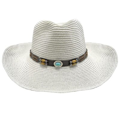 Καπέλο Ψαθόχαρτο Cowboy Δέρμα-Πέτρα Λευκό ø39cm SummerTiempo 623348
