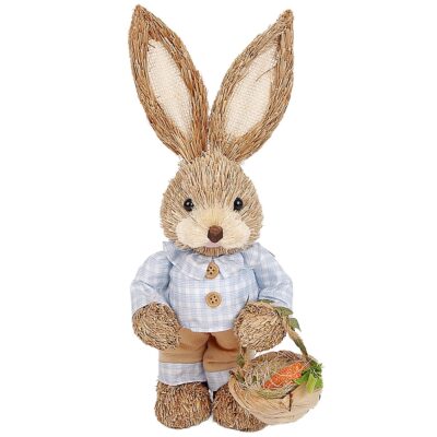 Λαγός Όρθιος Ψάθινος Γαλάζιο Πουκάμισο Κρατάει Καλάθι 33x13x11cm Bunny's 932183
