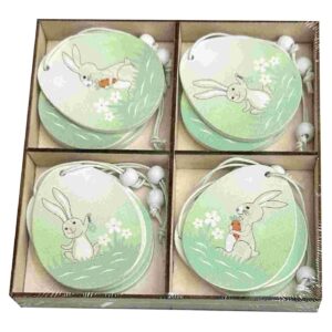 Αυγα Ξύλινα Κρεμαστά Πράσινα με Λαγό σετ=12τεμ Ξύλινο κουτί=13x13cm Bunny's 932205