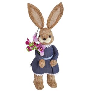 Λαγουδίνα Όρθια Ψάθινη με Μπλε Φόρεμα Κρατάει Λουλούδια 50x15x14cm Bunny's 932300
