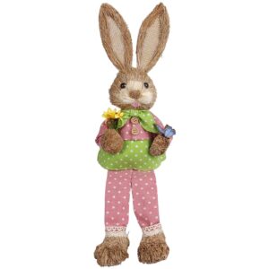 73-2284 Λαγός Καθιστός Ψάθινος ροζ Πουά Παντελόνι Κρατάει Λουλούδια 44x13x11cm Bunny's 932304