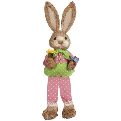 Λαγός Καθιστός  Ψάθινος ροζ Πουά Παντελόνι Κρατάει Λουλούδια 44x13x11cm Bunny's 932304