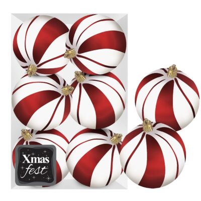 Μπάλες Λευκές με Κόκκινες Ρίγες πακ=6τεμ φ8 ø8cm Xmasfest 1133596